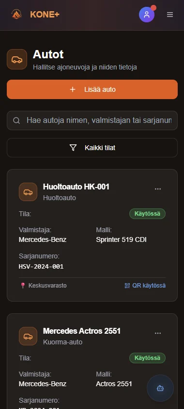 Kone+ autot ja niiden tiedot