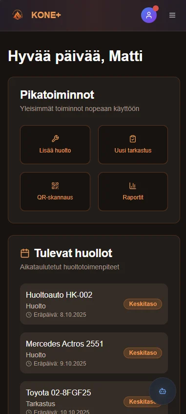 Kone+ etusivu ja tulevat huollot