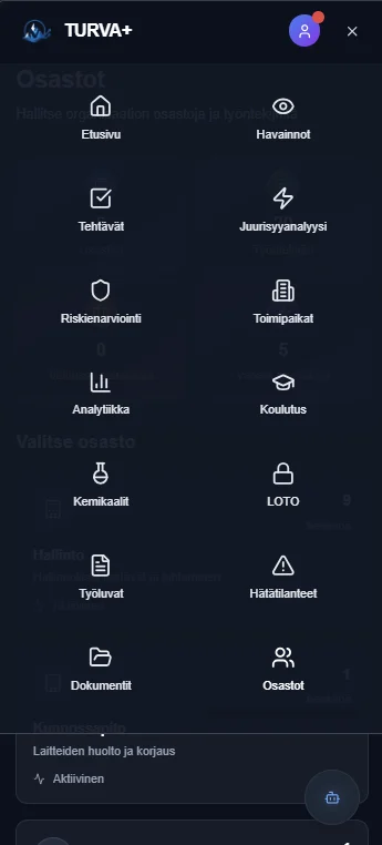 Turva+ ominaisuusvalikko